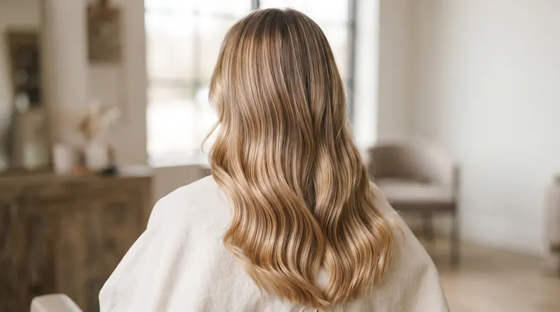 Glossy honey-blonde balayage hair with soft waves and a seamless root-to-end blend