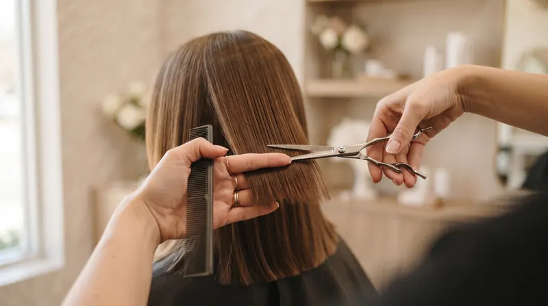Stylist trimming the ends of smooth brunette hair with shears and a comb in a private San Diego salon suite