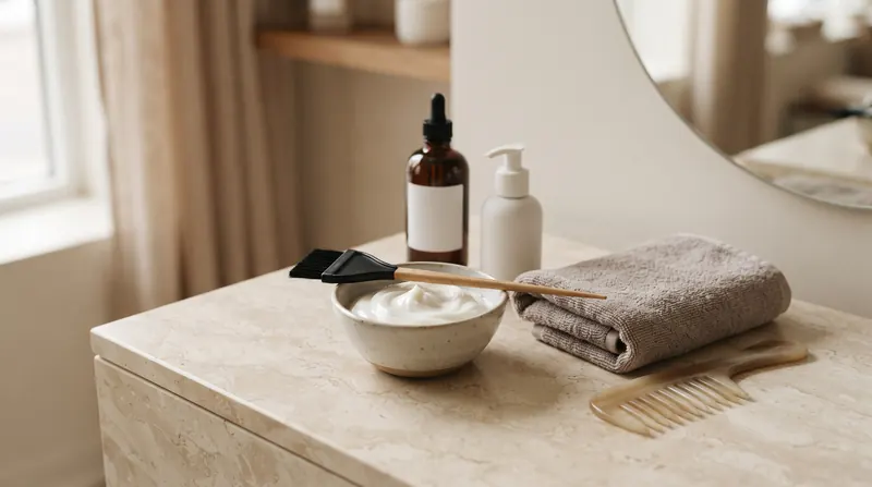 Deep conditioning hair mask with a tint brush, towel, and treatment bottles on a marble salon counter